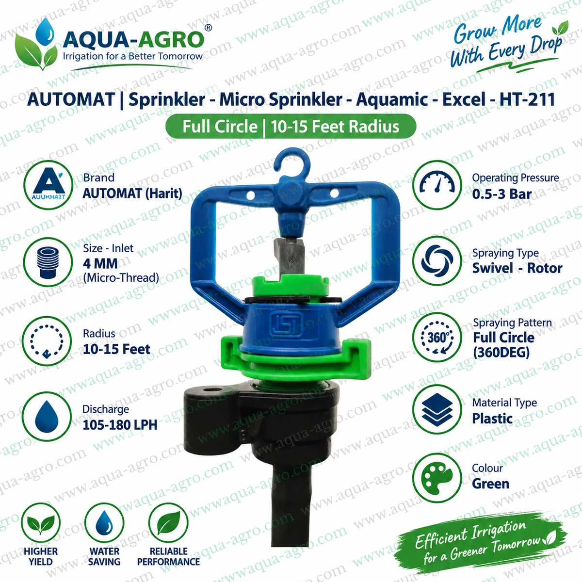 AUTOMAT Aquamic Excel HT-211 green micro sprinkler 10 to 15 feet radius 105 to 180 LPH 6mm micro threaded inlet full circle 360 degree swivel rotor irrigation sprinkler