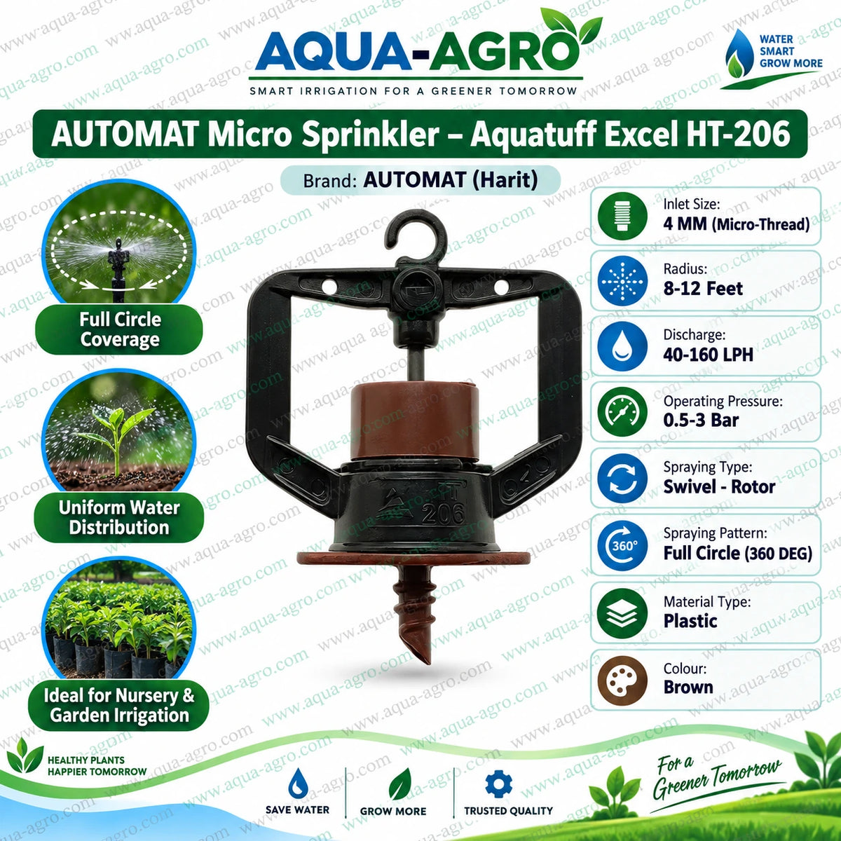 AUTOMAT Aquatuff Excel HT-206 brown micro sprinkler 40 to 160 LPH 8 to 12 feet radius 4mm micro threaded inlet full circle 360 degree irrigation sprinkler