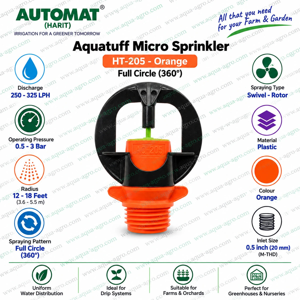 AUTOMAT Aquatuff HT-205 orange micro sprinkler 12 to 18 feet radius 250 to 325 LPH discharge 0.5 to 3 bar pressure 0.5 inch 20mm male threaded full circle sprinkler