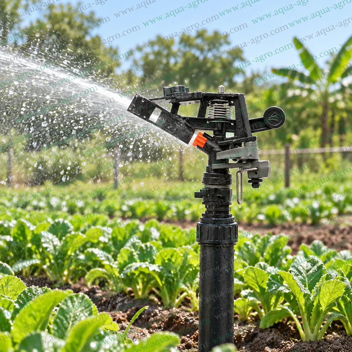 AUTOMAT HT-22PC adjustable part and full circle mini impact sprinkler operating in vegetable farm with 25 to 35 feet spray radius 560 to 800 LPH water discharge 0.5 inch 20mm male threaded inlet for agriculture crop garden lawn and landscape irrigation