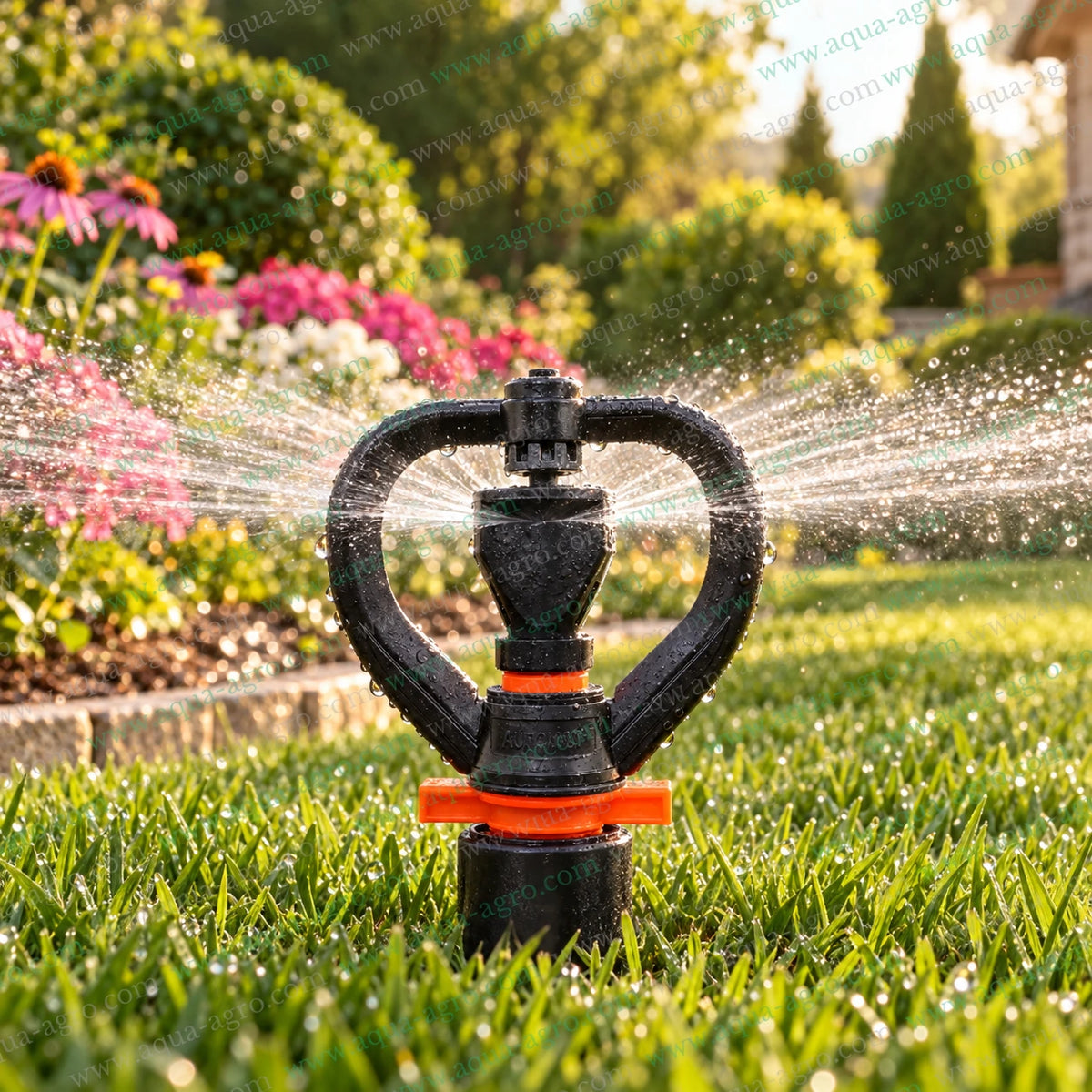 AUTOMAT Aquafly butterfly mini sprinkler watering green lawn and flower garden with full circle 360 degree coverage 12 to 18 feet radius 300 to 425 LPH flow 0.5 inch 20mm male threaded inlet for lawn garden landscape and agricultural irrigation