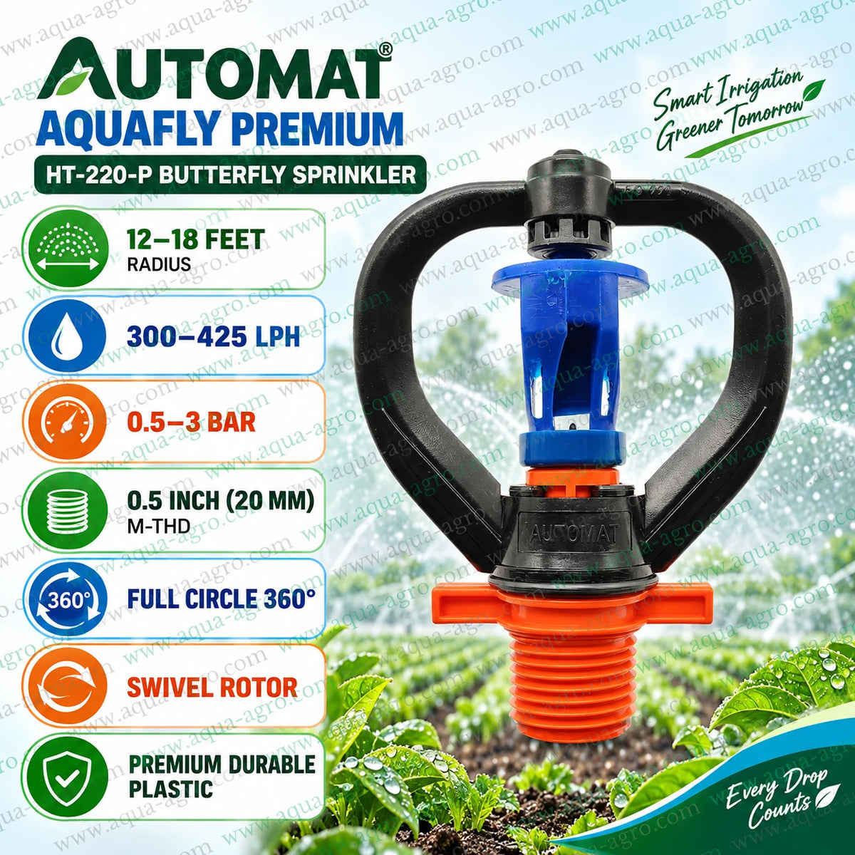 AUTOMAT Aquafly Premium HT-220-P butterfly mini sprinkler orange full circle 360 degree 12 to 18 feet radius 300 to 425 LPH discharge 0.5 to 3 bar pressure 0.5 inch 20mm male threaded inlet for agricultural garden and landscape irrigation