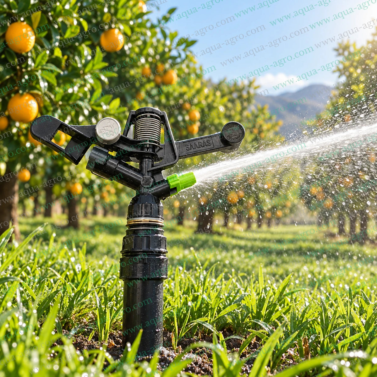 AUTOMAT SAARAS HT-46 full circle impact mini sprinkler operating in fruit orchard with 25 to 35 feet spray radius 1050 to 2150 LPH water discharge 0.75 inch 25mm male threaded inlet for orchard agriculture farm crop and landscape irrigation