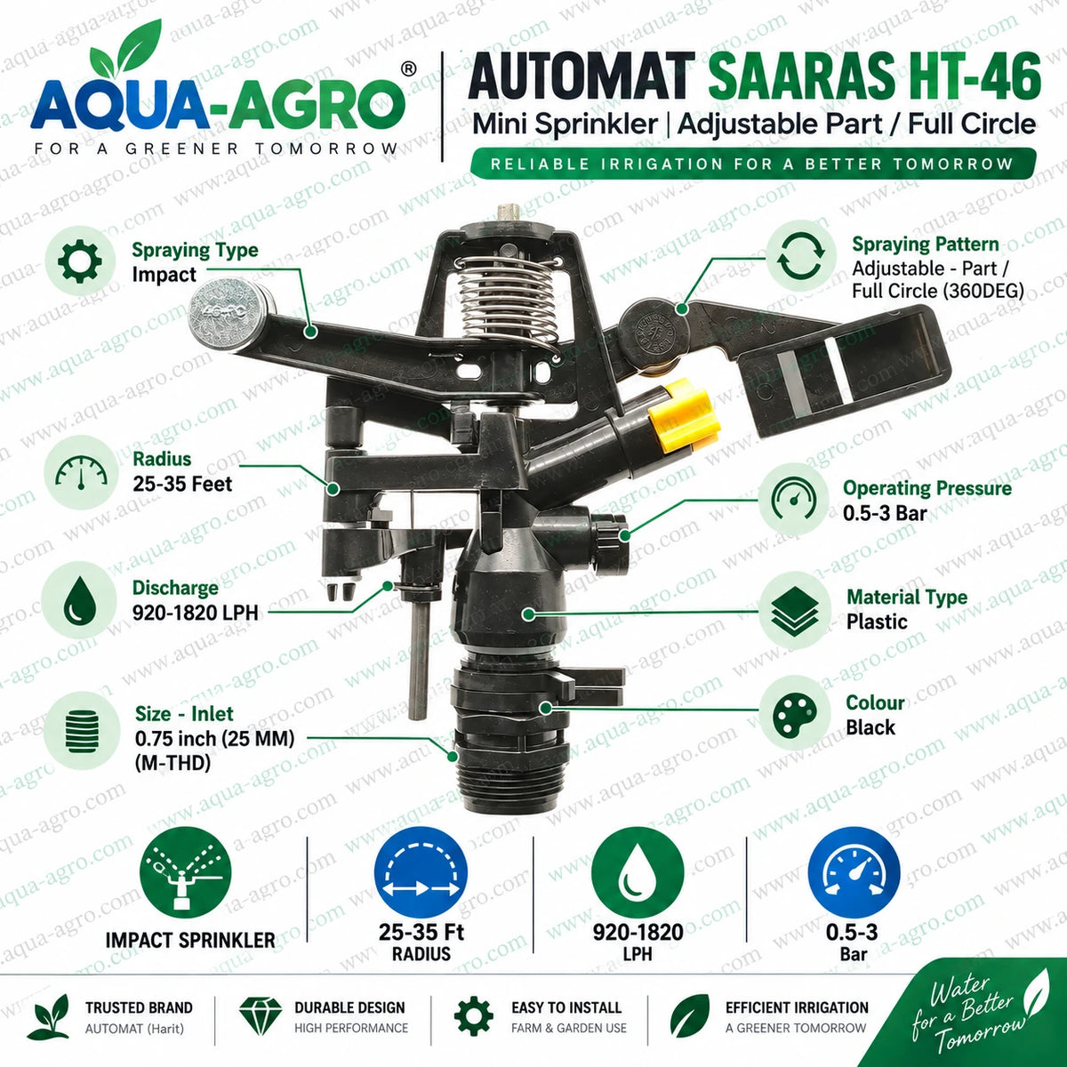 AUTOMAT SAARAS HT-46 adjustable part circle impact mini sprinkler 25 to 35 feet radius 920 to 1820 LPH discharge 0.5 to 3 bar operating pressure 0.75 inch 25mm male threaded inlet plastic agricultural sprinkler for farm garden and irrigation systems