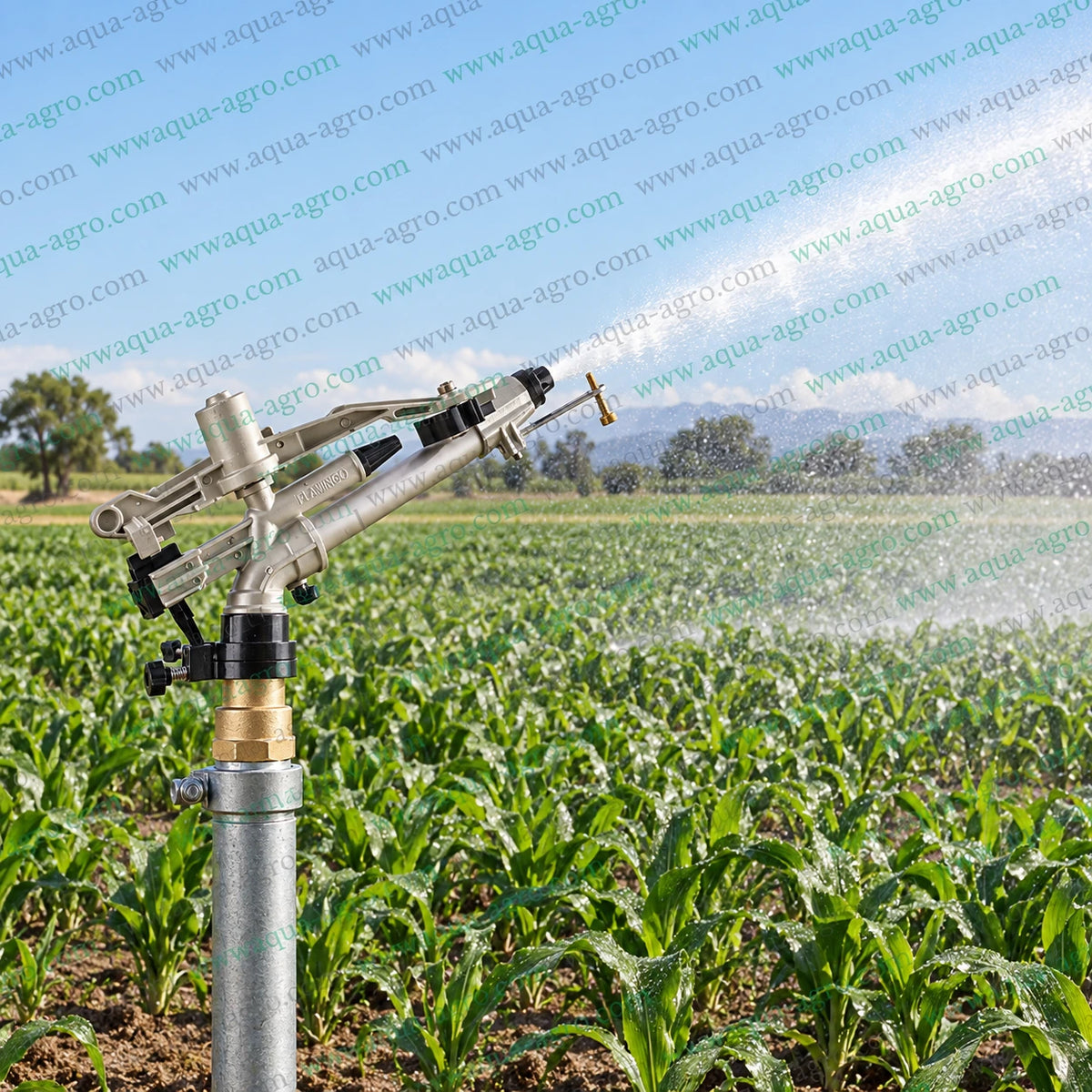 AUTOMAT Flamingo HT-44G Heavy Duty Rain Gun Sprinkler Installed on Metal Riser Pipe Spraying Water Across Agricultural Crop Field with 85 to 130 Feet Radius for Large Area Farm Irrigation