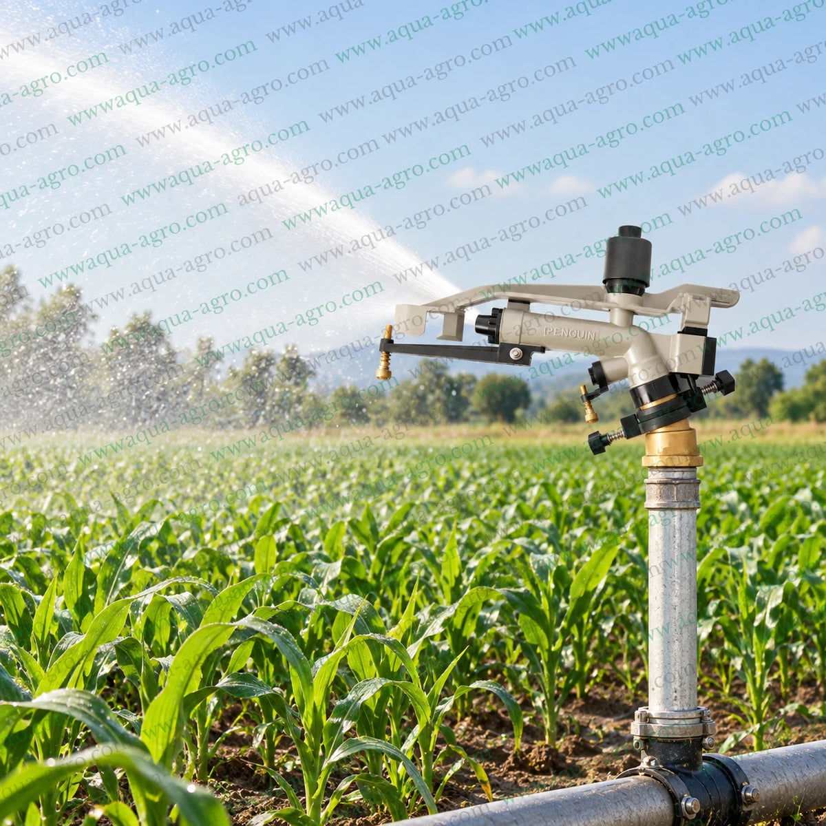 AUTOMAT Penguin HT-40G Rain Gun Impact Sprinkler Installed on Metal Riser Pipe Spraying Water Across Agricultural Crop Field with Adjustable Part and Full Circle Irrigation Coverage