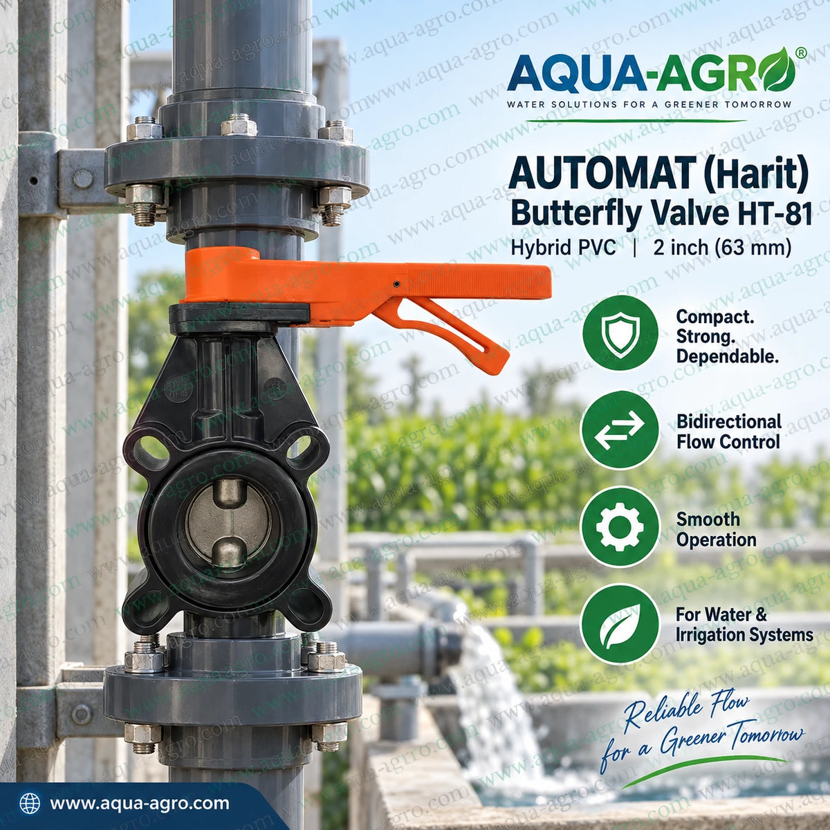 AUTOMAT Harit HT-81 2 inch 63mm hybrid PVC butterfly valve with metal disc and orange lever handle installed on vertical irrigation pipeline for bidirectional water flow control in agricultural irrigation systems