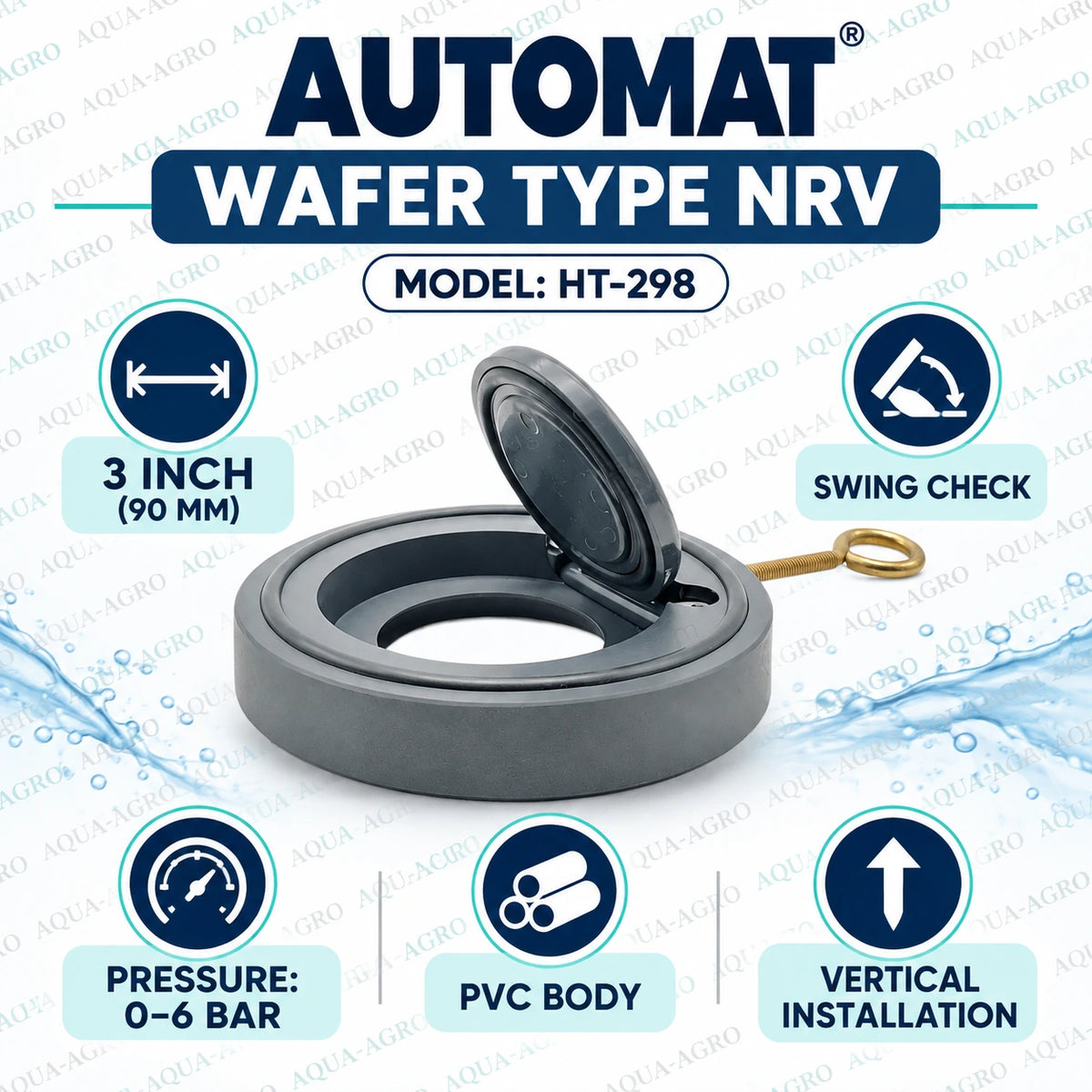 AUTOMAT HT-298 3 inch 90mm wafer type non return valve NRV with grey PVC body swing check disc 0 to 6 bar operating pressure and vertical installation design for agricultural irrigation pipelines water flow control and backflow prevention