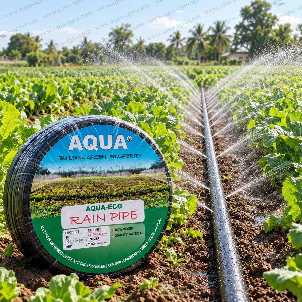 AQUA-AGRO 20mm LDPE Rain Pipe Irrigation System with Laser Punched Holes Spraying Water on Both Sides of Vegetable Crops in Agricultural Farmland for Efficient Water Distribution and Crop Irrigation