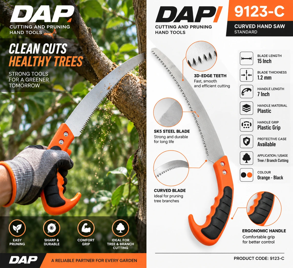 DAP 9123-C standard curved hand pruning saw with 15 inch SK5 steel 3D edge blade ergonomic plastic handle and protective case for tree branch cutting garden pruning and orchard maintenance
