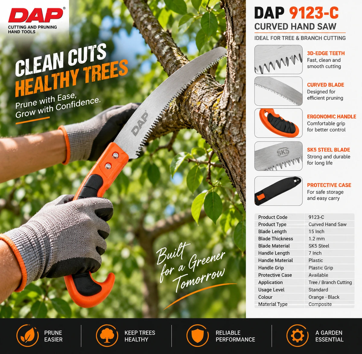 DAP 9123-C curved hand saw with sharp 15 inch SK5 steel blade 1.2 mm thickness 3D edge teeth comfortable 7 inch plastic grip and protective case for tree and branch pruning