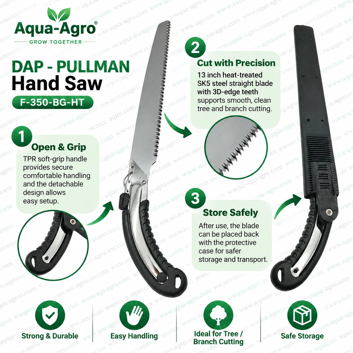 DAP PULLMAN F-350-BG-HT detachable hand pruning saw with heat treated SK5 steel straight blade 3D razor teeth TPR soft grip handle and protective storage case for tree pruning branch cutting garden and orchard use