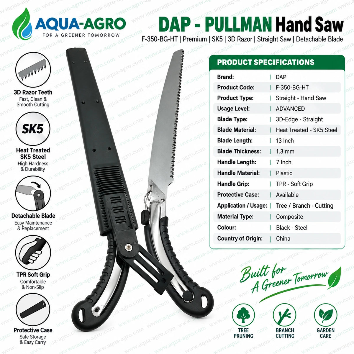 DAP PULLMAN F-350-BG-HT professional straight hand saw with 13 inch SK5 steel 3D edge blade 1.3 mm thickness detachable blade TPR soft grip handle and protective case for tree and branch cutting