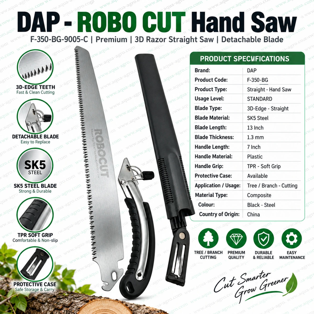 DAP ROBO CUT F-350-BG-9005-C professional hand saw with 13 inch 3D edge straight SK5 steel blade 1.3 mm thickness detachable blade TPR soft grip handle and protective case for tree and branch cutting