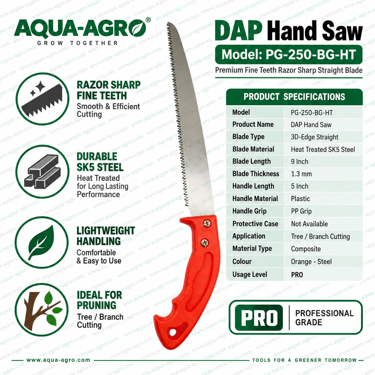 DAP PG-250-BG premium hand saw with 9 inch heat treated SK5 steel 3D edge fine teeth razor sharp straight blade 1.3 mm thickness and 5 inch plastic handle for professional tree and branch cutting