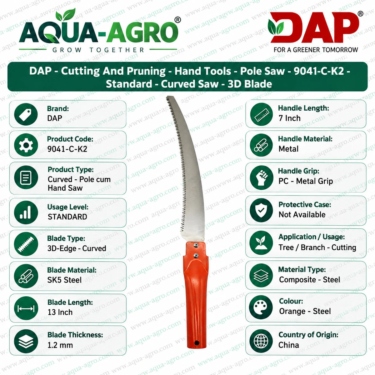 DAP 9041-C-K2 curved pole cum hand saw with 13 inch SK5 steel 3D edge blade 7 inch metal handle for tree branch cutting pruning and garden maintenance