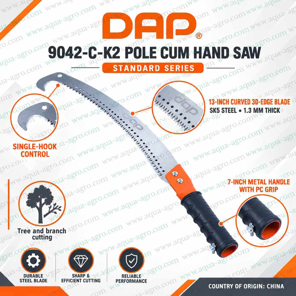 DAP 9042-C-K2 standard curved pruning saw with single hook 13 inch 3D edge SK5 steel blade and 7 inch grip for tree and branch cutting