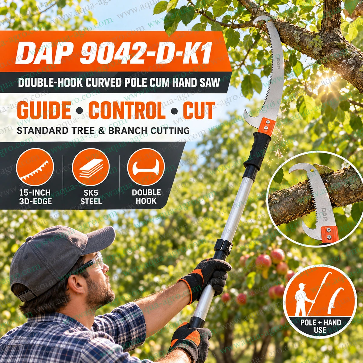 DAP 9042-D-K1 double hook curved pruning saw with 15 inch 3D edge SK5 steel blade for high reach tree and branch cutting using pole or hand use