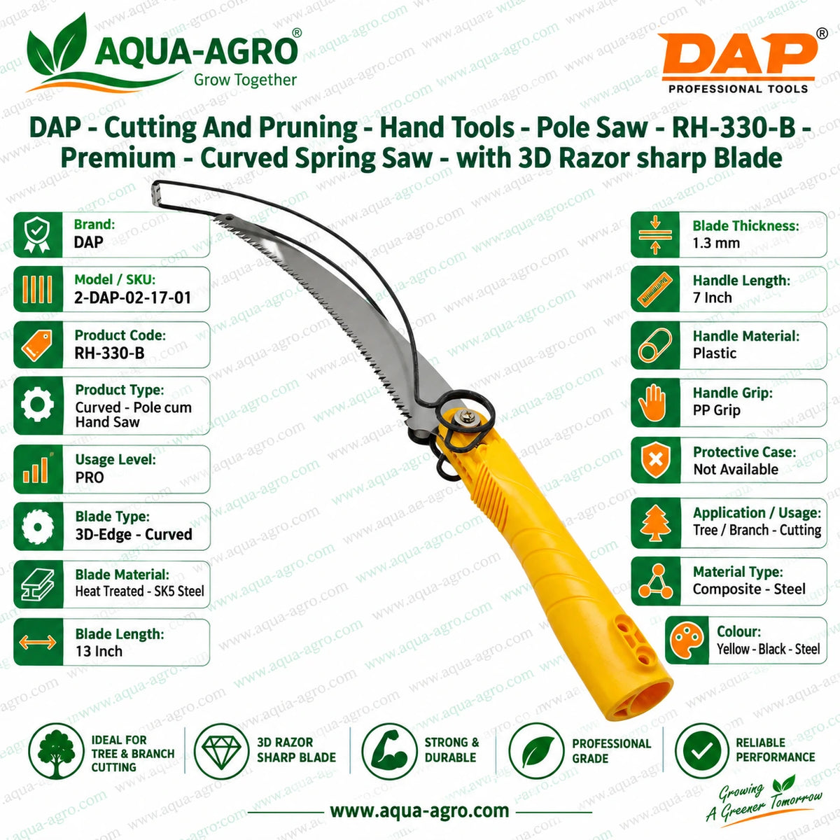 DAP RH-330-B curved pruning saw with 3D edge razor sharp SK5 steel blade for clean tree branch cutting garden farm and orchard pruning
