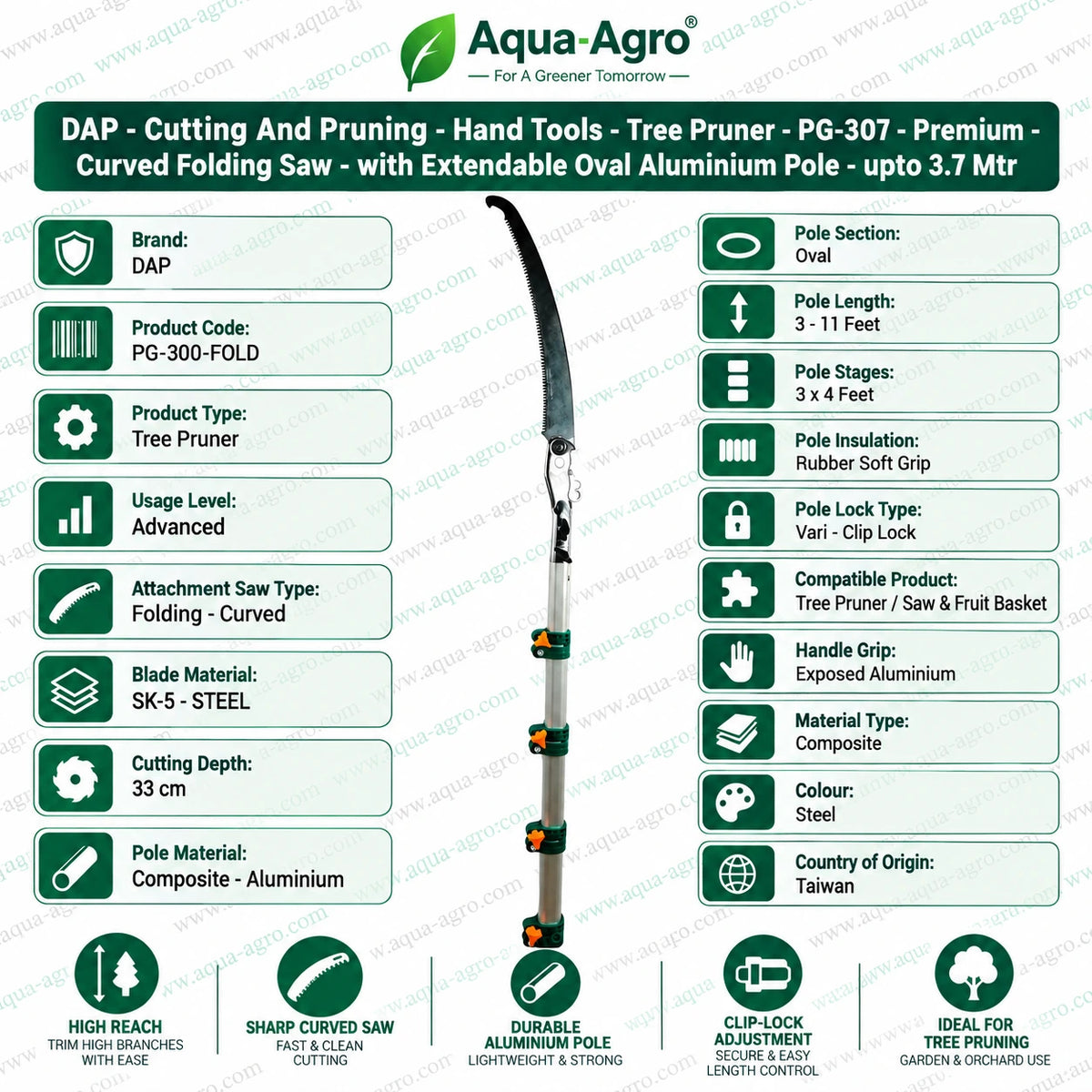 DAP PG-307 premium tree pruner with 3.7 metre 11 feet extendable oval aluminium pole 33 cm curved folding SK-5 steel saw vari clip lock and soft grip for garden and orchard pruning