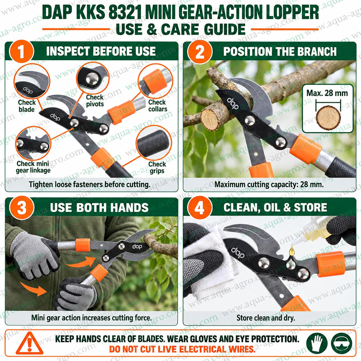 DAP KKS 8321 mini gear action bypass lopper with high carbon steel bypass blade 28mm cutting capacity compact handles gear power assist and non slip grips for fruit trees shrubs roses and small branch pruning