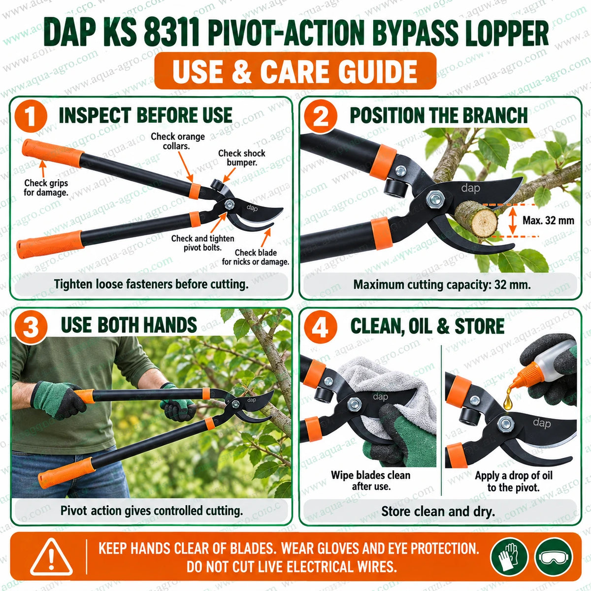 DAP KS 8311 pivot action bypass lopper with high carbon bypass blade 32mm cutting capacity heavy duty fixed handles shock absorbing bumper and ribbed non slip grips for tree pruning