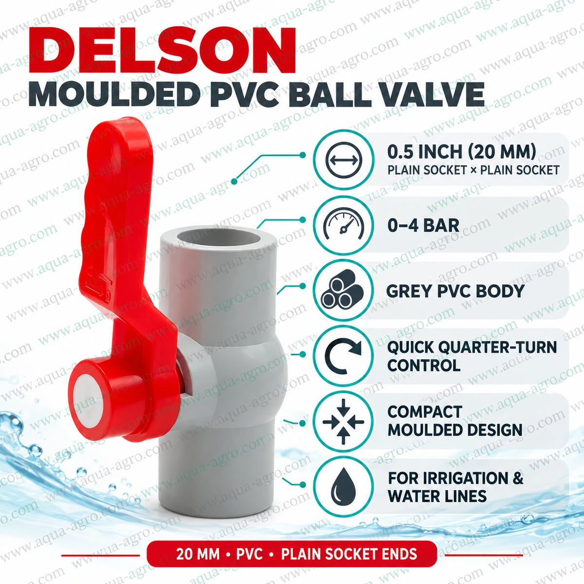 DELSON 20mm PVC moulded ball valve plain socket installation with solvent cement for irrigation water line and farm pipeline connection