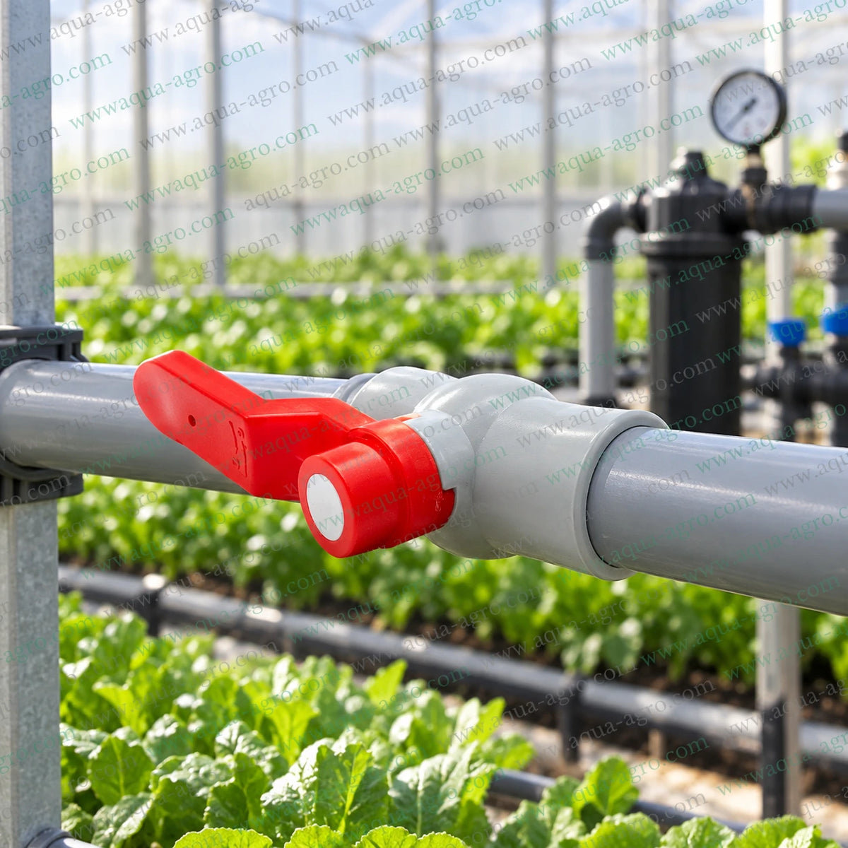 DELSON 0.75 inch 25mm moulded PVC ball valve installed in greenhouse irrigation pipeline for compact water flow control