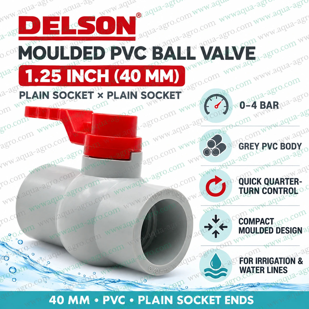 DELSON 40mm PVC moulded ball valve plain socket installation with solvent cement for irrigation water line and agricultural pipeline connection