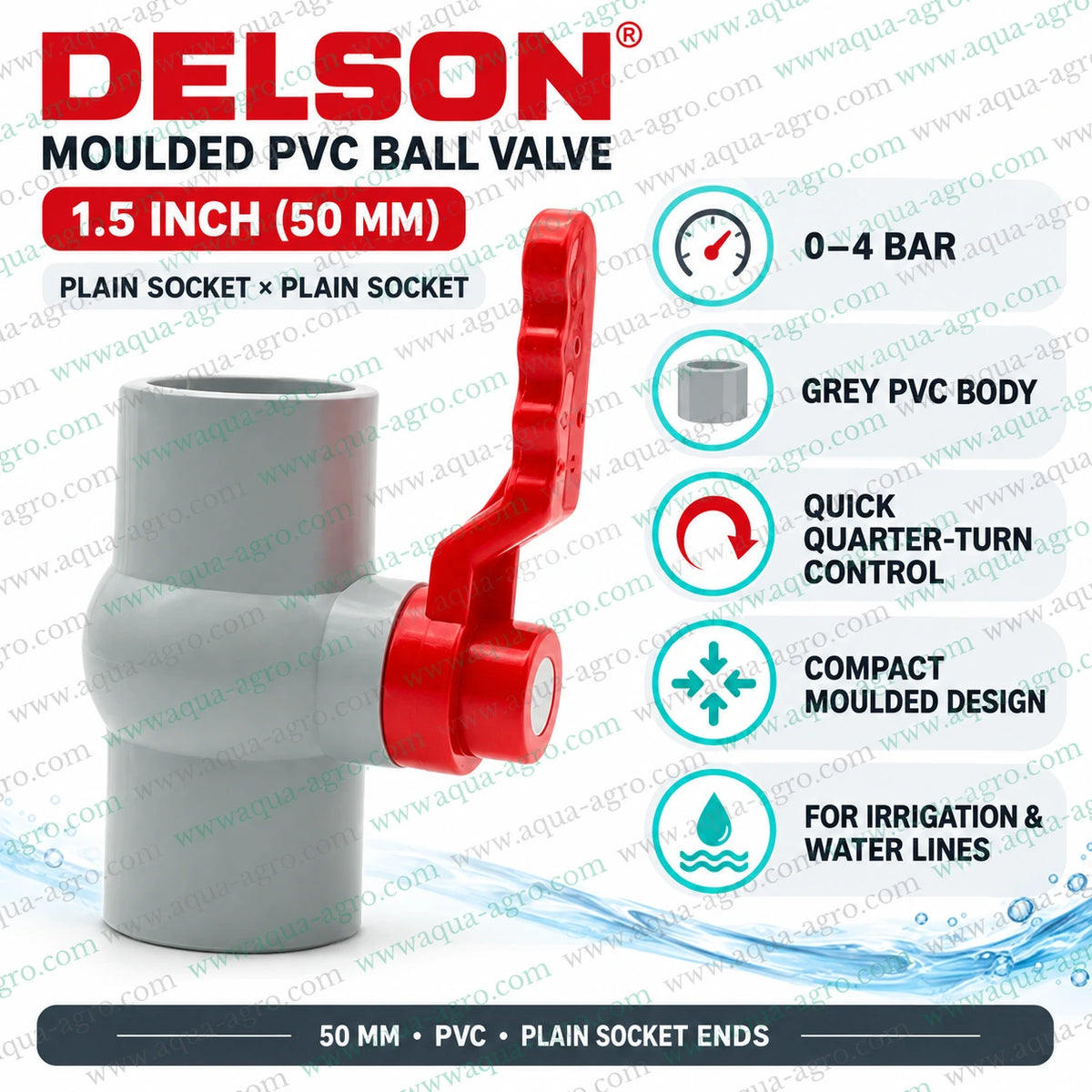 DELSON 50mm PVC moulded ball valve plain socket installation with solvent cement for irrigation water line and agricultural pipeline connection