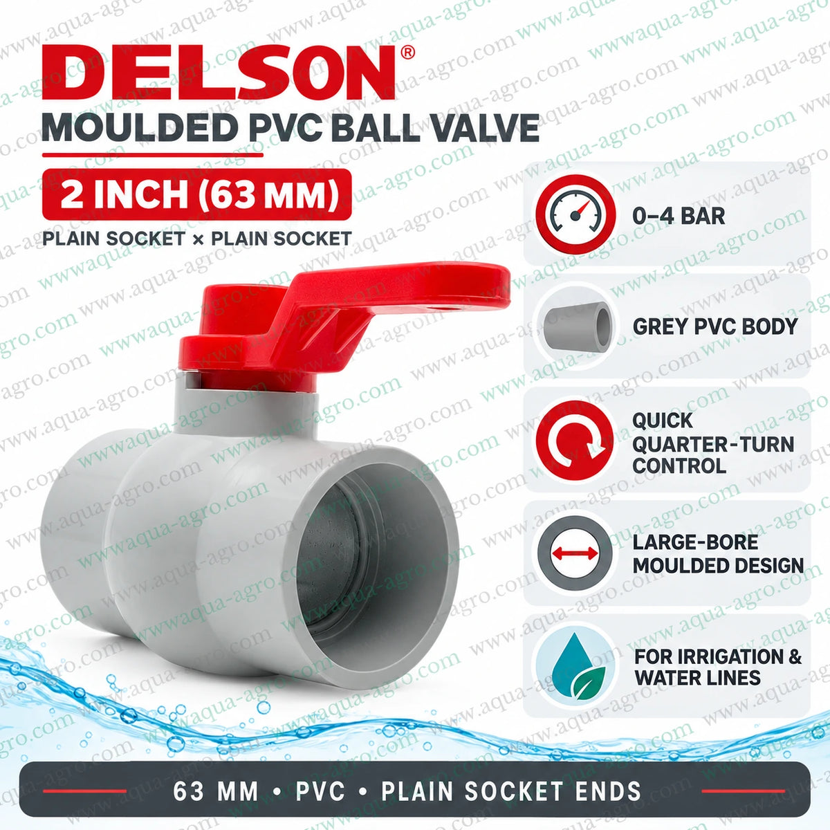 DELSON 2 inch 63mm moulded PVC ball valve installed in greenhouse irrigation pipeline for high flow water control