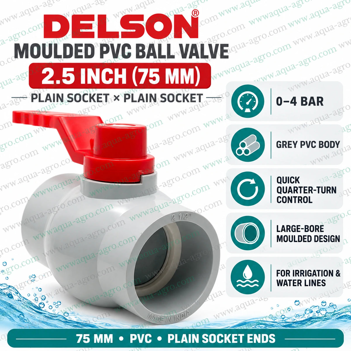 DELSON 2.5 inch (75mm) moulded PVC ball valve with plain socket × plain socket ends, grey PVC body, red quarter-turn handle, 0–4 bar pressure rating and large-bore design for irrigation and water supply pipelines