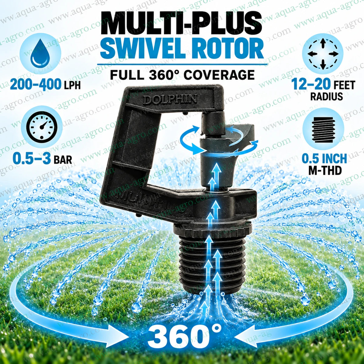 DOLPHIN Multi Plus swivel rotor micro sprinkler 360 degree full circle 200 to 400 LPH 12 to 20 feet radius 0.5 inch 20mm male threaded agricultural irrigation sprinkler