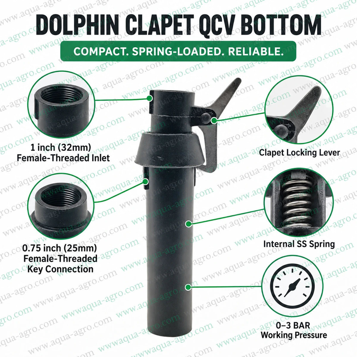 DOLPHIN plastic clapet quick coupling valve QRC QCV bottom with SS spring 1 inch 32mm female threaded inlet 0.75 inch 25mm female threaded key connection for irrigation systems