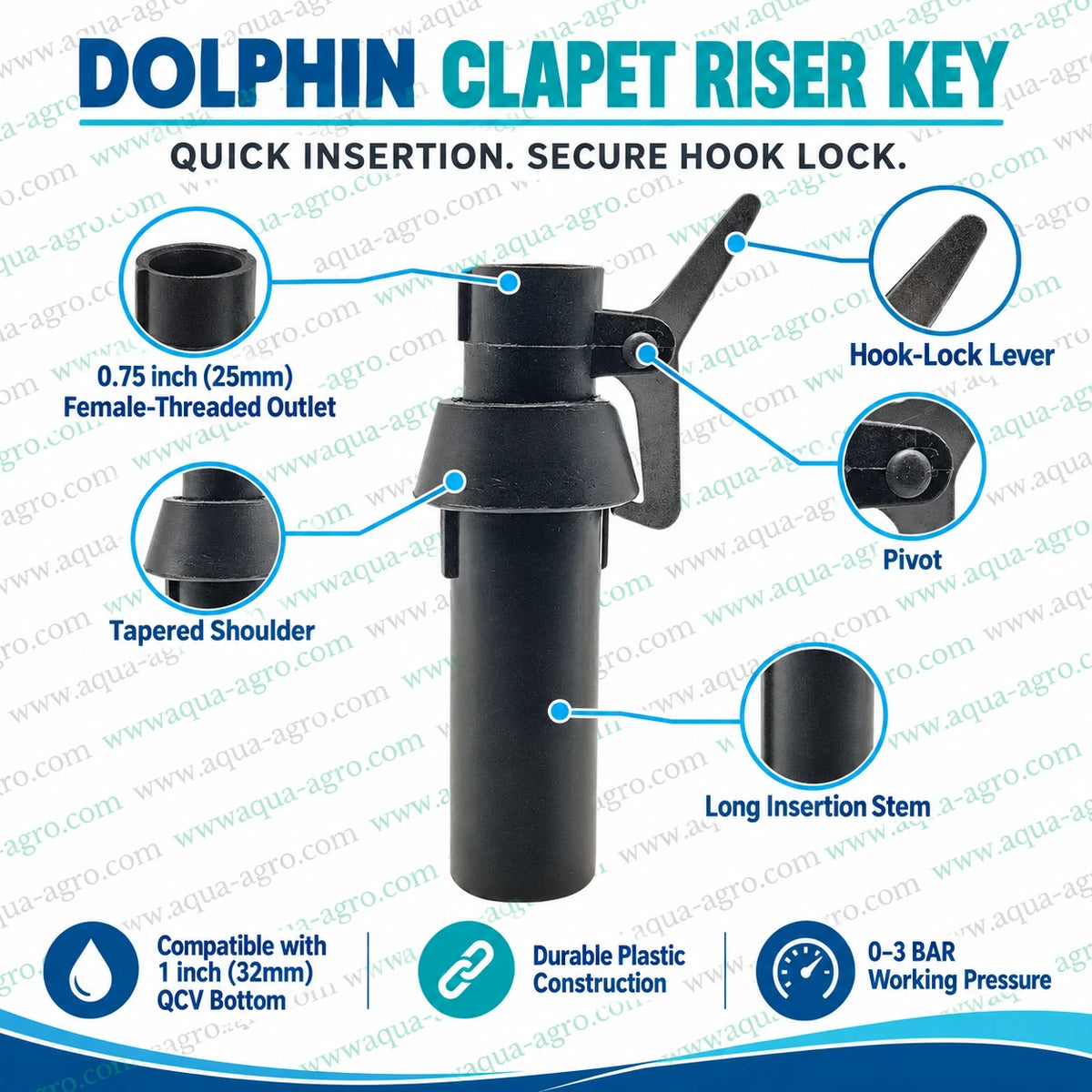 DOLPHIN plastic clapet riser key for quick coupling valve QRC QCV with hook lock 0.75 inch 25mm female threaded outlet compatible with 1 inch 32mm QCV bottom