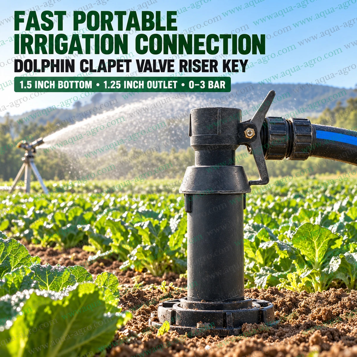 DOLPHIN hook lock riser key for plastic quick coupling valve installed in agricultural field with sprinkler irrigation system featuring 1.5 inch bottom connection 1.25 inch outlet and secure quick connection for portable farm irrigation