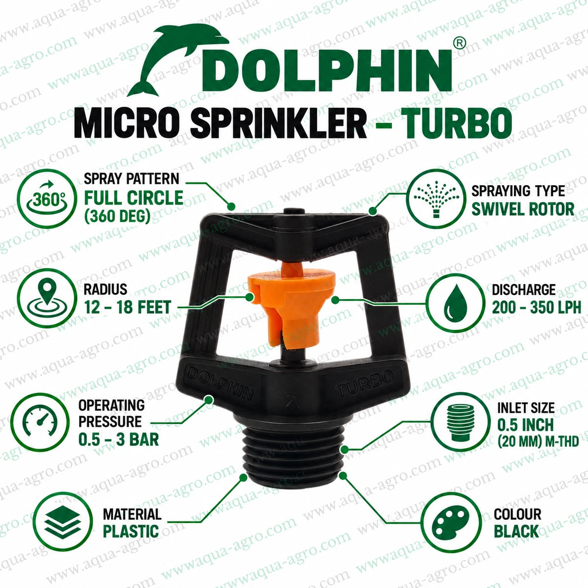 DOLPHIN Turbo micro sprinkler black and orange full circle 360 degree swivel rotor 200 to 350 LPH 12 to 18 feet radius 0.5 inch 20mm male threaded irrigation sprinkler