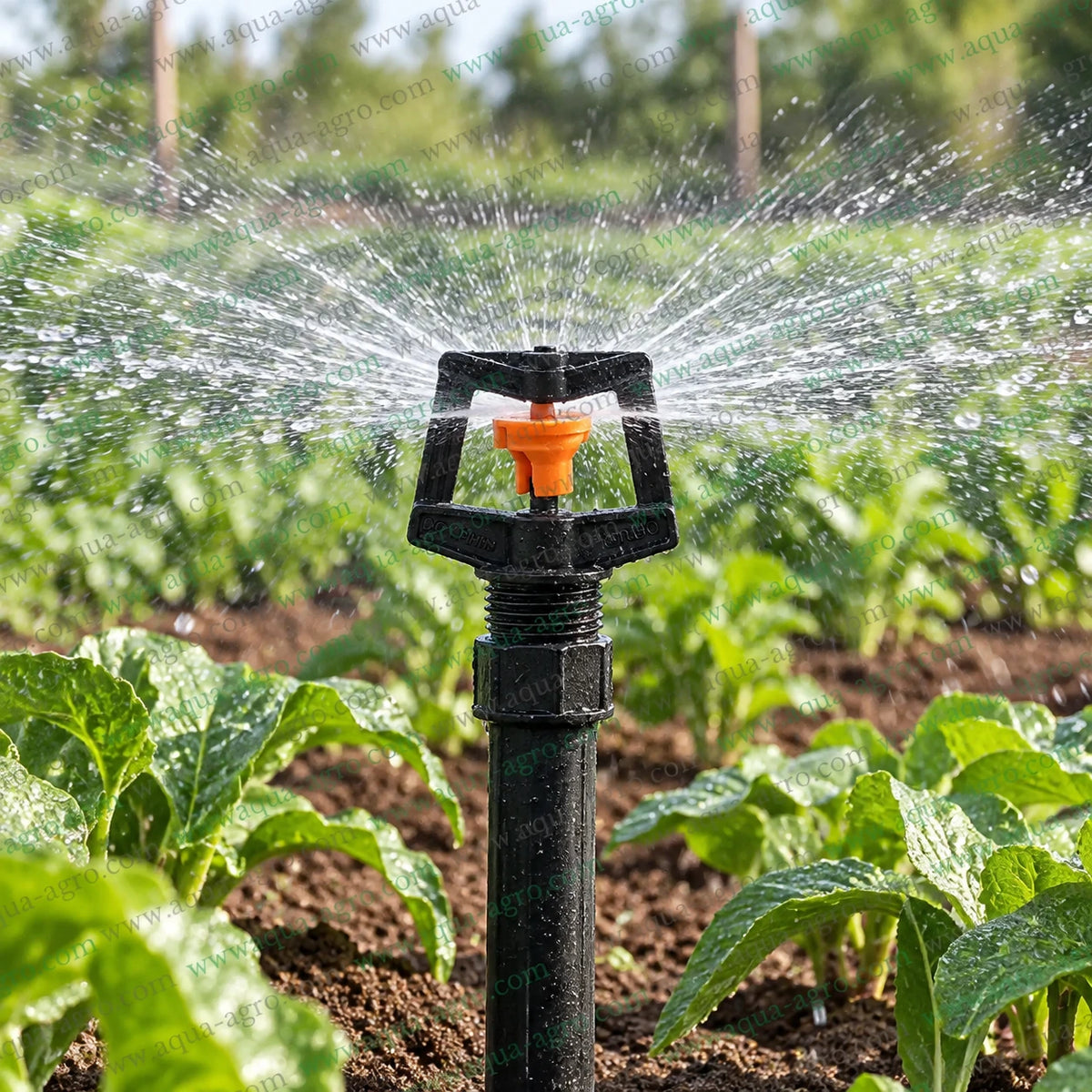 DOLPHIN Turbo micro sprinkler operating in agricultural field with 360 degree full circle water spray 12 to 18 feet radius for farm garden nursery greenhouse and crop irrigation