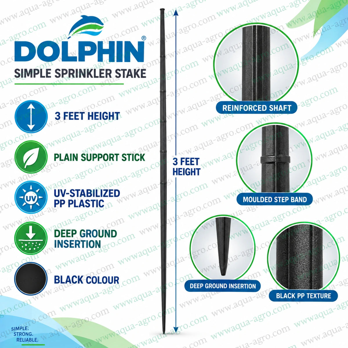 DOLPHIN 3 feet black PP plastic sprinkler stake simple support stick with reinforced shaft and deep ground spike for irrigation systems