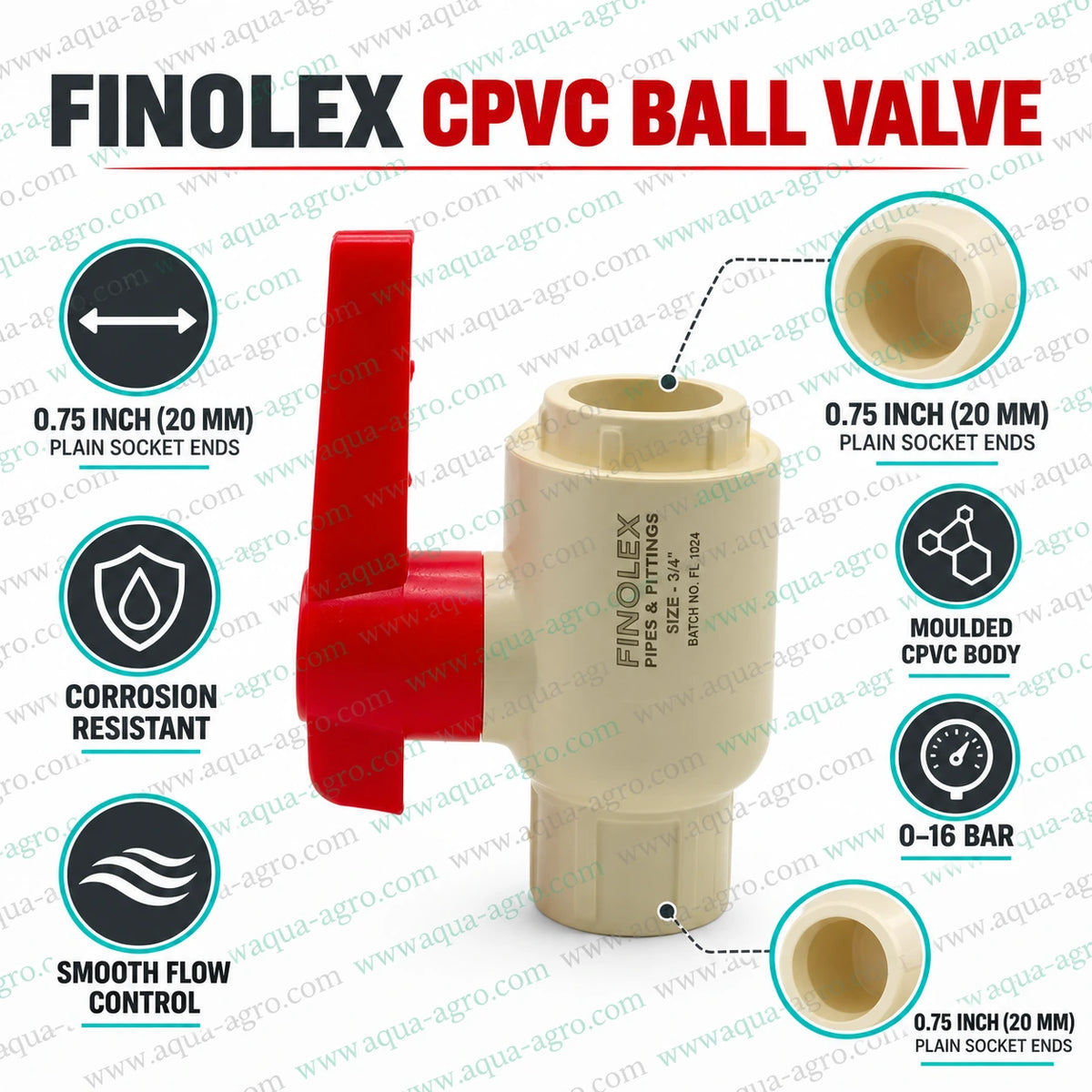 FINOLEX - Ball Valve - Plastic - Cpvc - Moulded - 0.75 inch (20mm) - Plain End - Socket