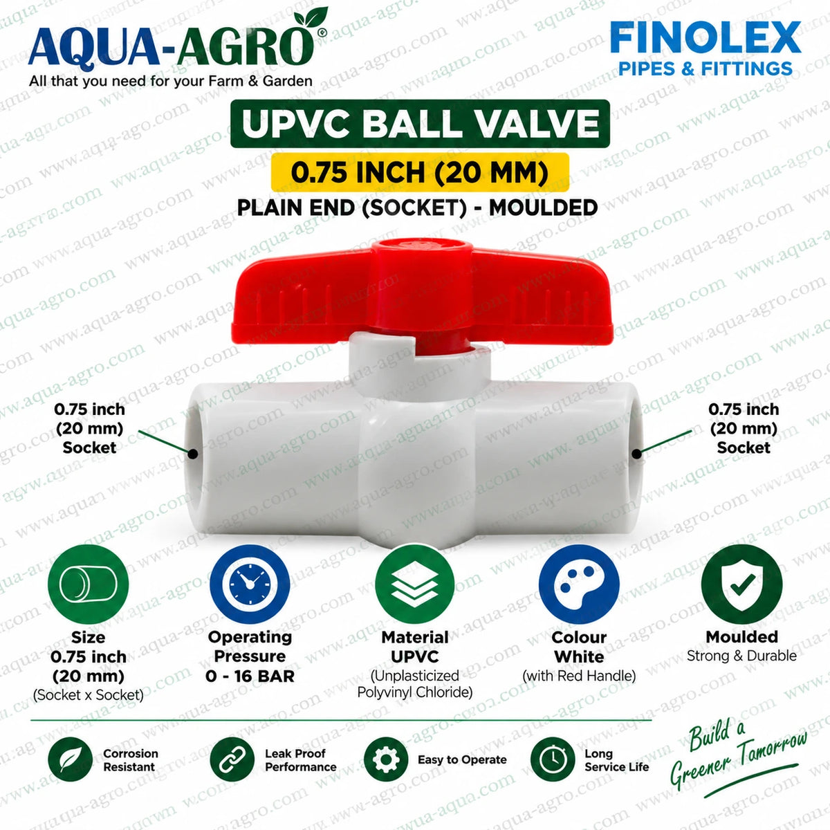 FINOLEX 0.75 inch 20mm UPVC moulded ball valve with plain socket ends, red handle and 0–16 bar pressure rating for irrigation and water supply systems