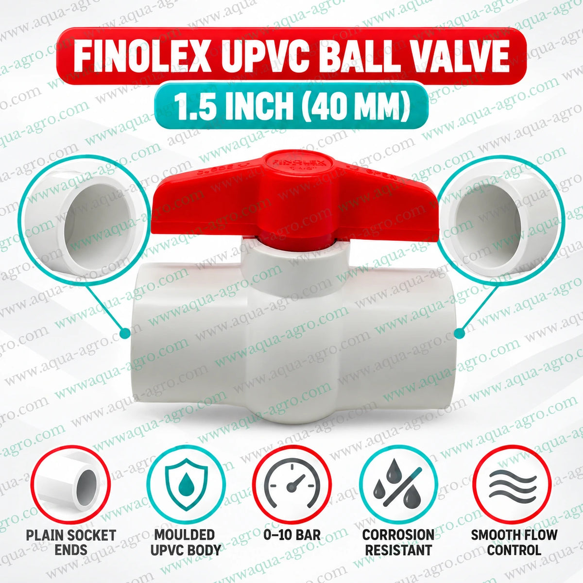 FINOLEX 1.5 inch 40mm UPVC moulded ball valve with red handle, plain socket ends, corrosion resistant body and 0–10 bar pressure rating