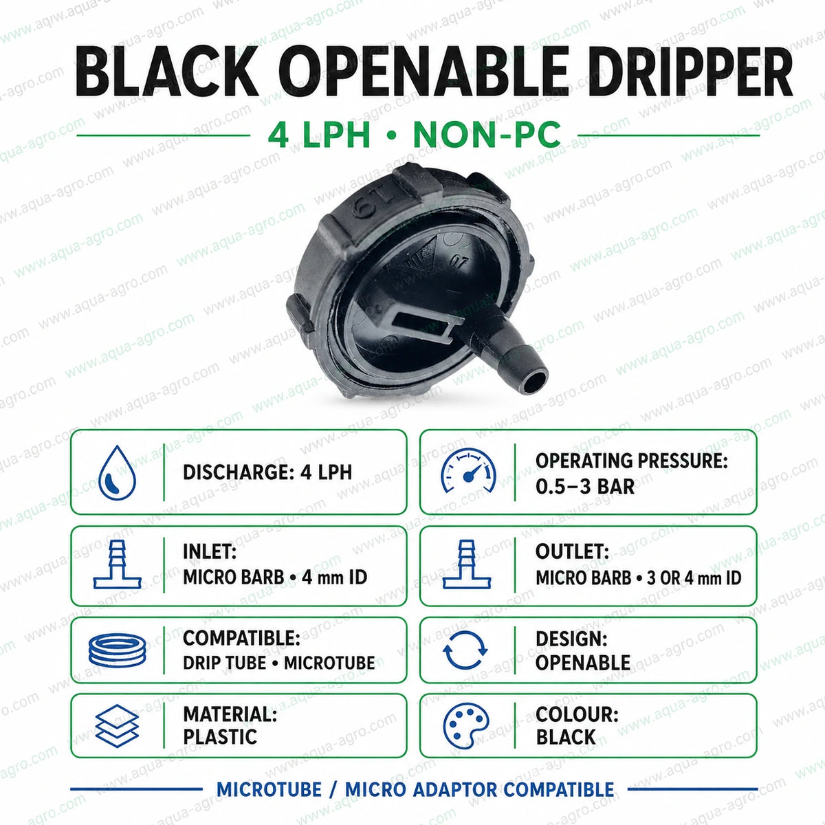 FINOLEX PLASSON 4 LPH black non-PC openable drip emitter with micro barb inlet and outlet for drip irrigation systems