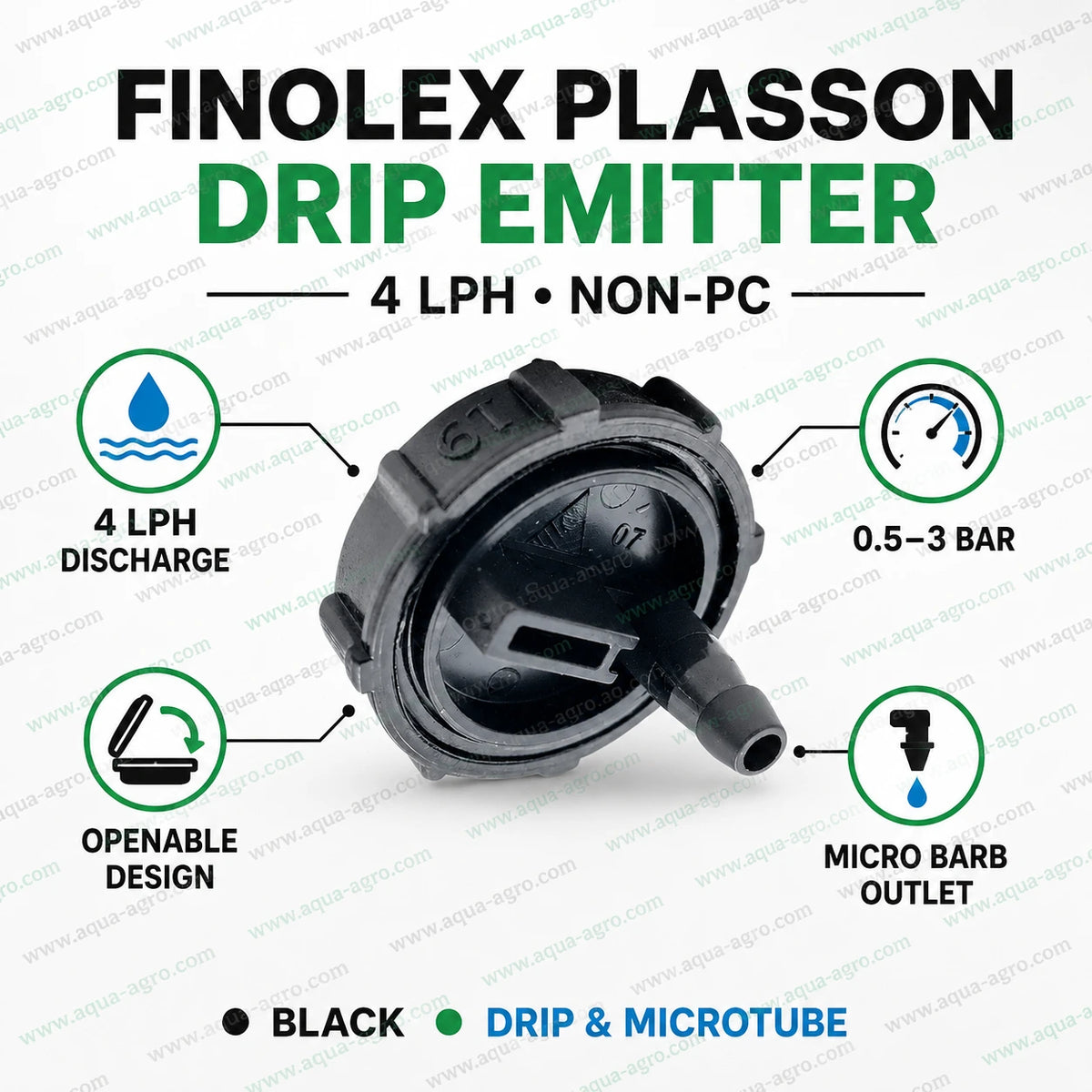 FINOLEX PLASSON 4 LPH openable black dripper with 0.5–3 bar operating pressure and micro barb outlet for drip and microtube irrigation
