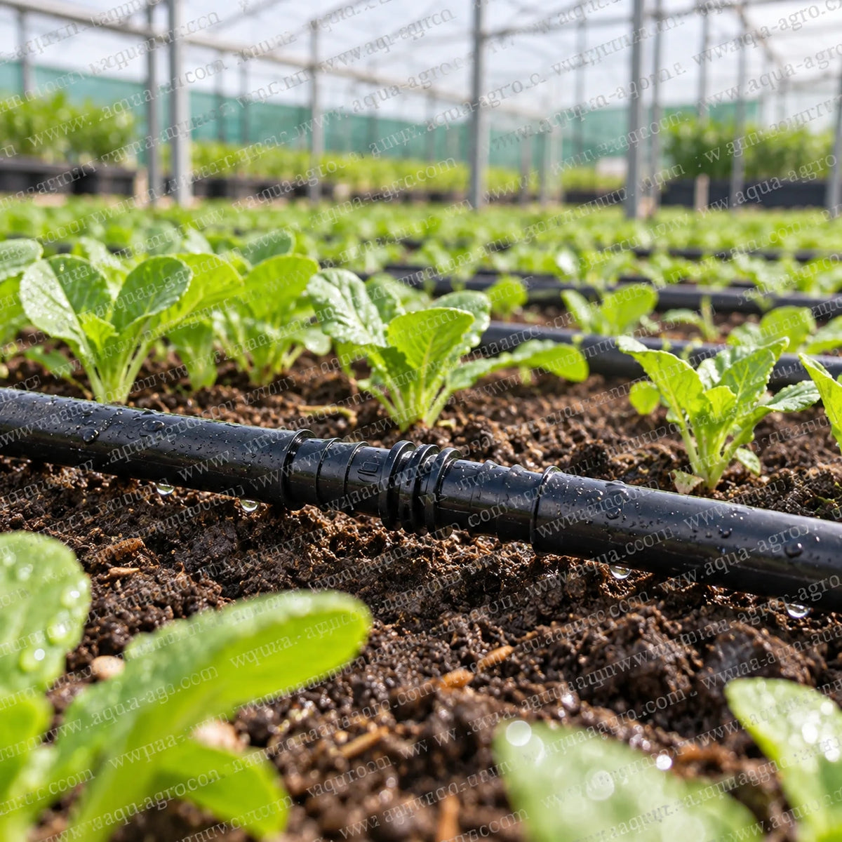 FINOLEX PLASSON 12mm black Delrin drip irrigation coupler installed between two lateral pipes in a greenhouse vegetable farm for secure water distribution