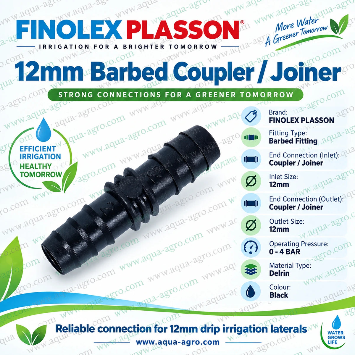 FINOLEX PLASSON 12mm black Delrin barbed coupler joiner for drip irrigation pipe connection with premium material and 0 to 4 bar operating pressure