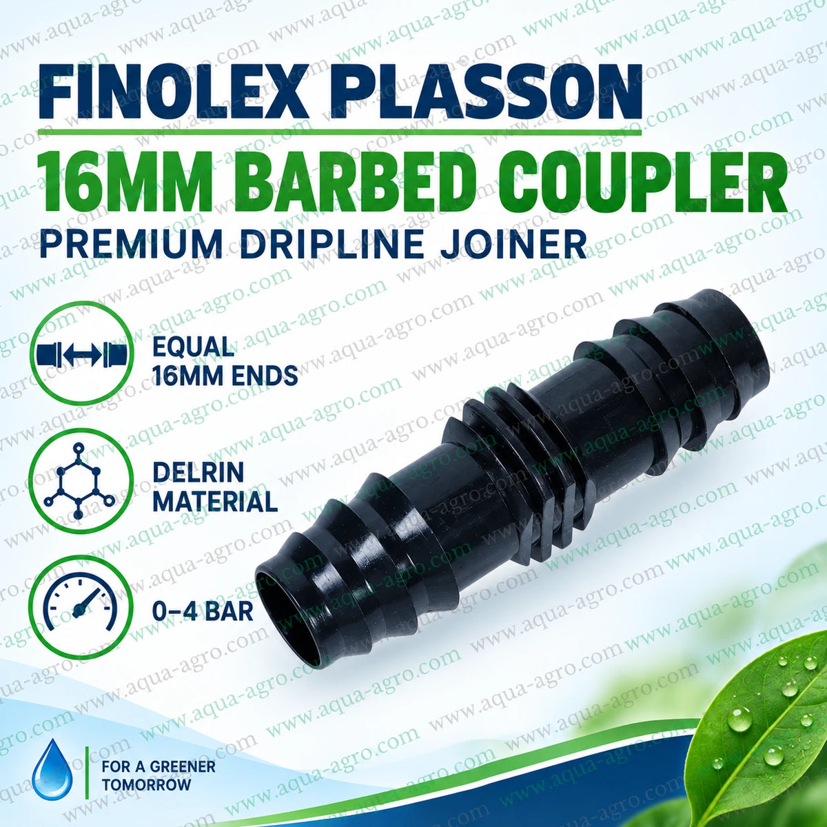 FINOLEX PLASSON 16mm barbed straight coupler joiner made from premium Delrin plastic with equal 16mm connections and 0 to 4 bar operating pressure for agricultural drip irrigation systems