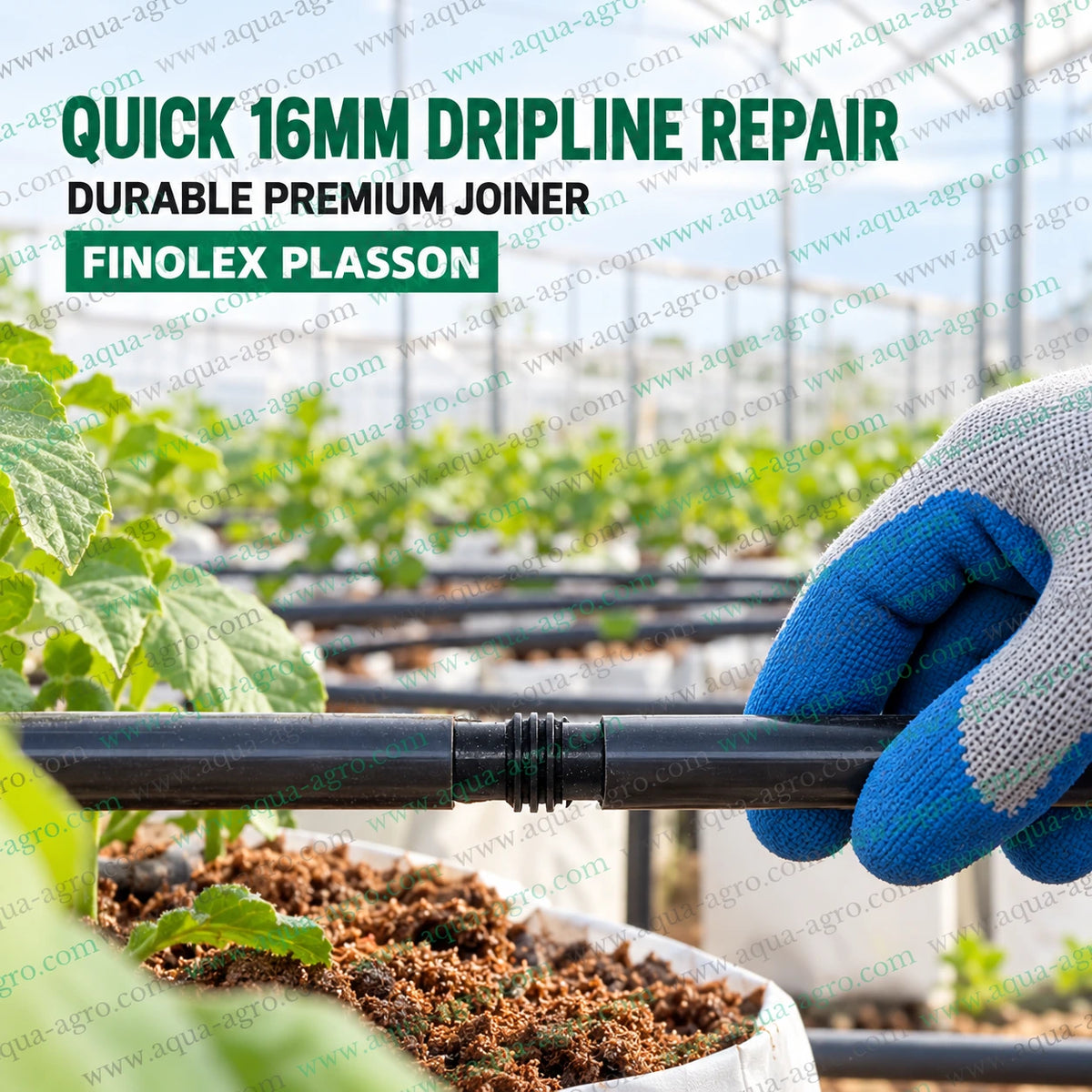 FINOLEX PLASSON premium 16mm black Delrin barbed coupler joiner connecting two drip irrigation lateral pipes for quick dripline repair in greenhouse farming