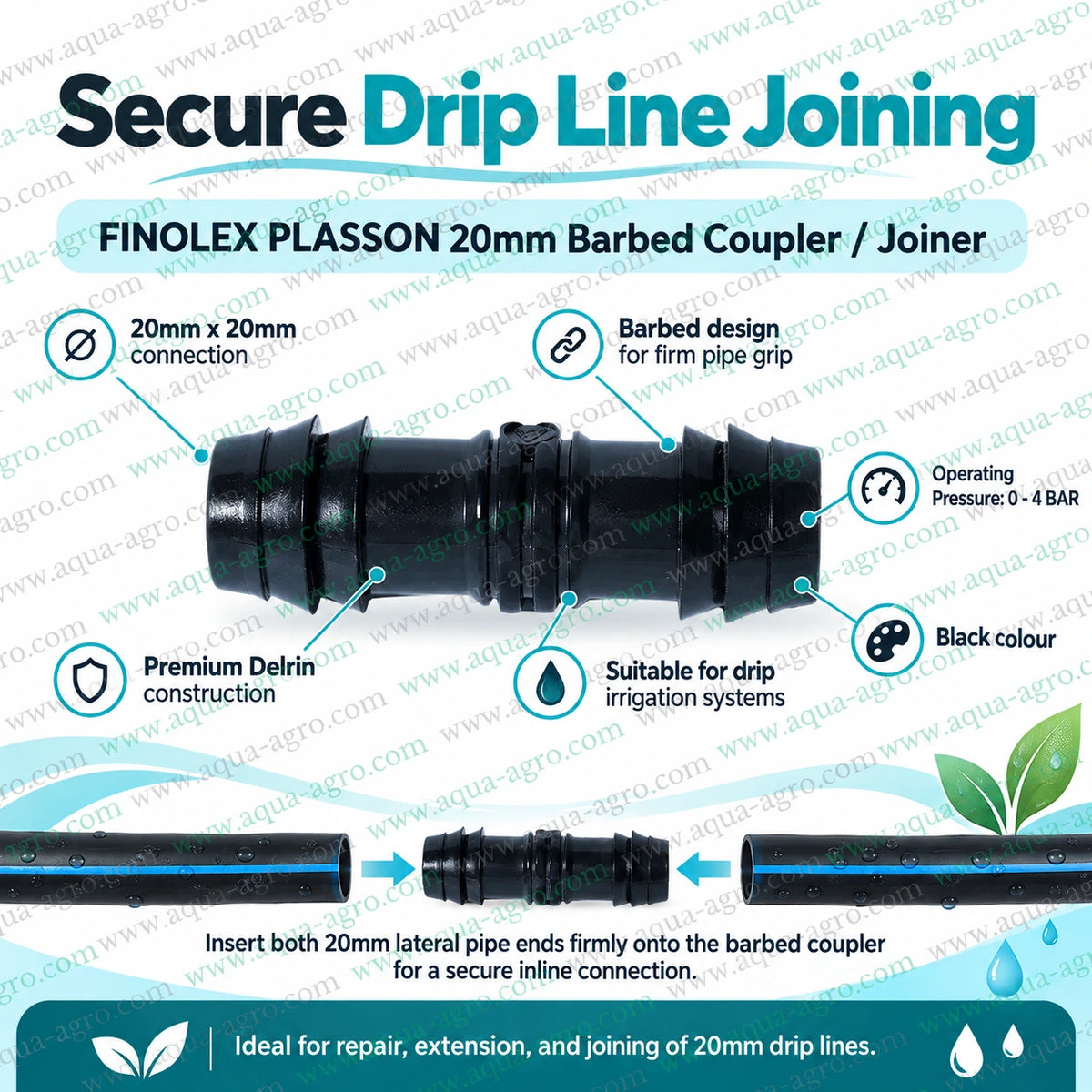 FINOLEX PLASSON premium 20mm barbed straight connector with secure pipe grip for joining repairing and extending 20mm drip irrigation lateral pipes