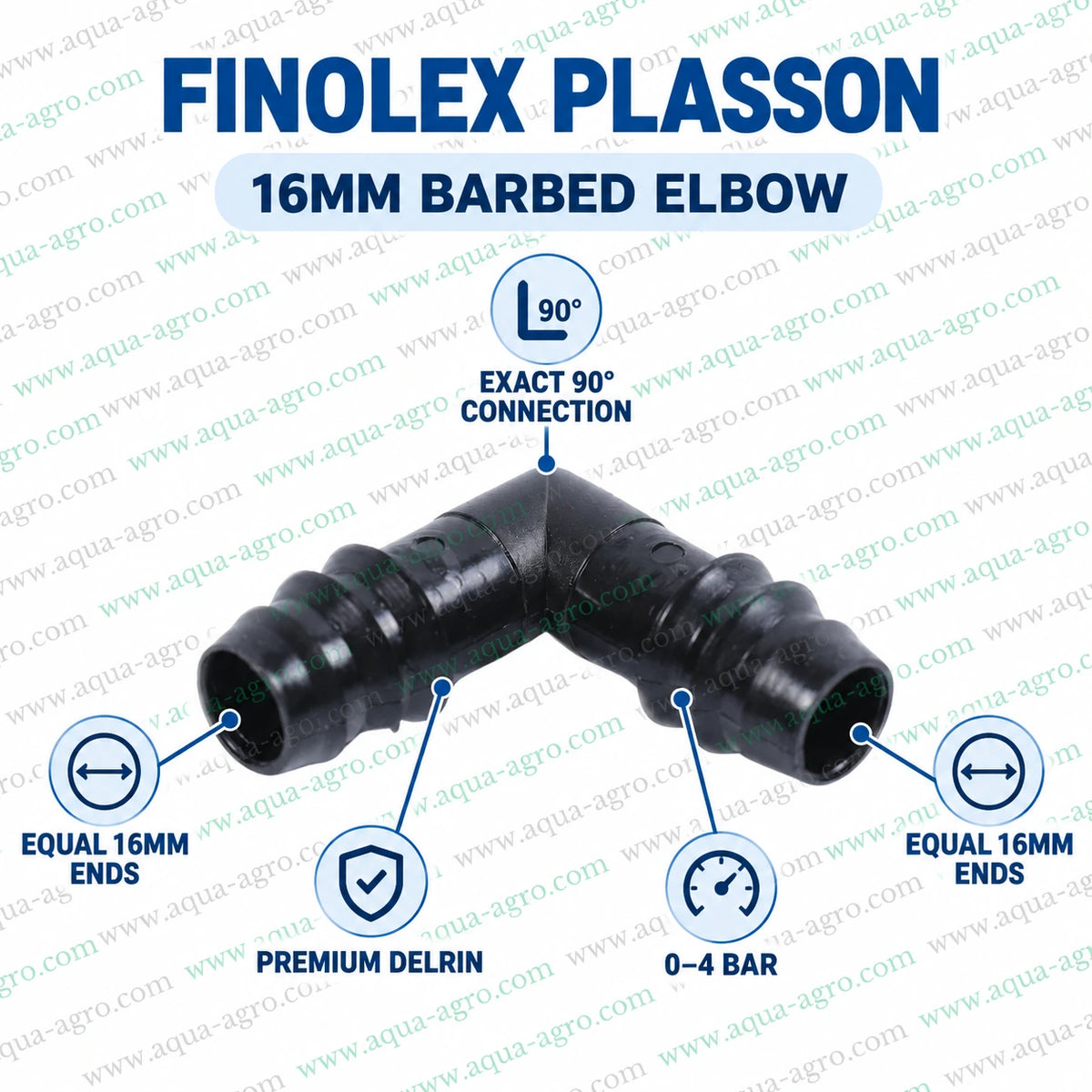 FINOLEX PLASSON premium 16mm black Delrin elbow fitting for drip irrigation systems with equal size barbed ends 90 degree connection and 0 to 4 bar operating pressure